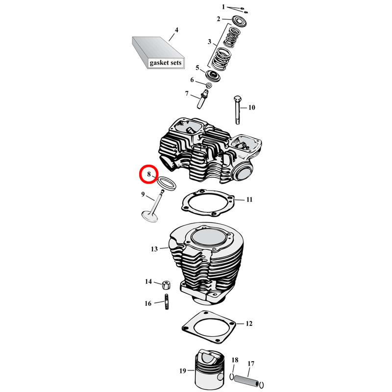 Cylinder Parts Diagram Exploded View for 57-85 Harley Sportster 8) 57-85 XL. KPMI valve seat, intake.