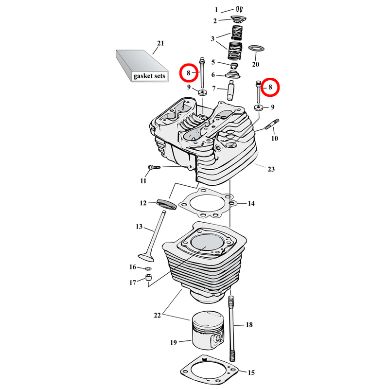 Cylinder Parts Diagram Exploded View for 86-22 Harley Sportster 8) 86-91 XL. Head bolt kit without washers.