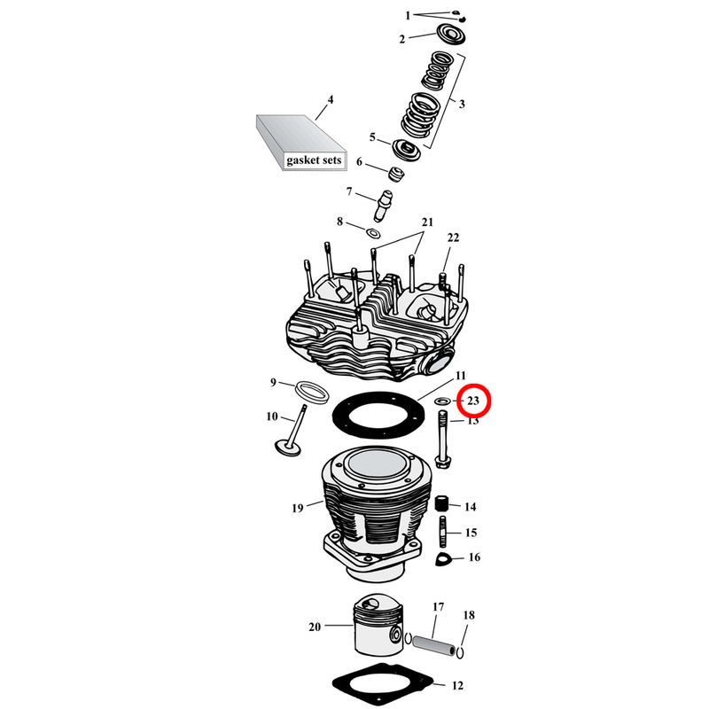 Cylinder Parts Diagram Exploded View for Harley Shovelhead 23) 66-E77 Shovelhead. Washer, 7/16 head bolt, 1/8" thick. Replaces OEM: 6469HW