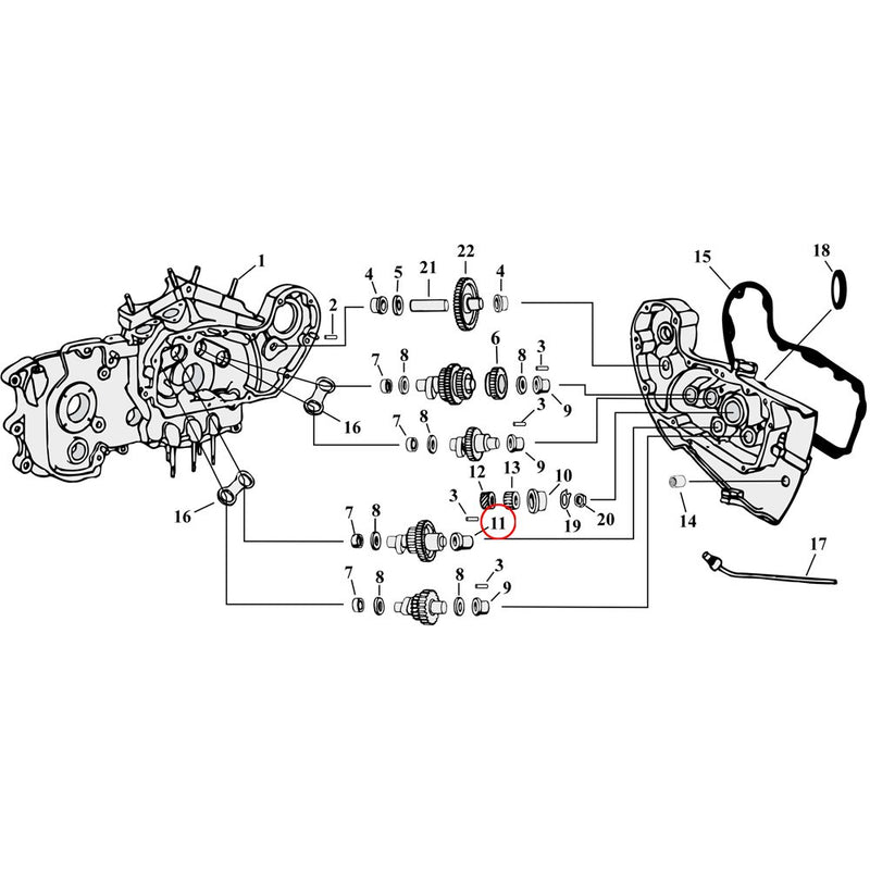 Cam Drive / Cover Parts Diagram Exploded View for 54-90 Harley Sportster 11) 57-90 XL. Standard size (OD 1.3775") bushing, camshaft outer (