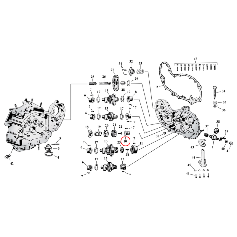 Cam Drive / Cover Parts Diagram Exploded View for Harley 45" Flathead 10) 37-73 45" SV. Bushing pinion shaft. Replaces OEM: 25593-37
