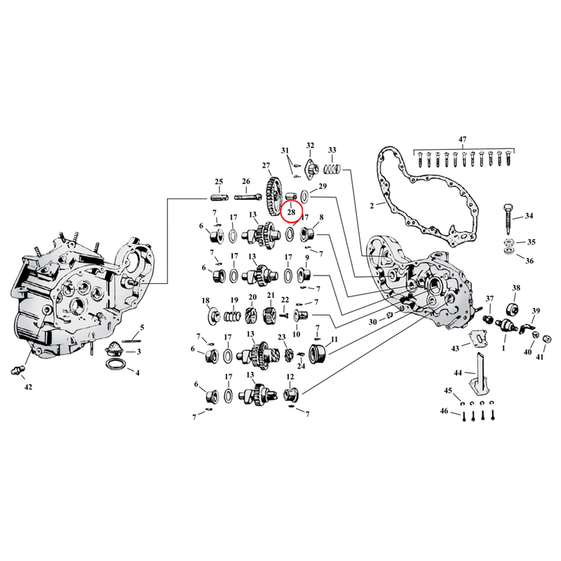 Cam Drive / Cover Parts Diagram Exploded View for Harley 45" Flathead 28) 32-73 45" SV. Bushing, idler gear (set of 2). Replaces OEM: 25785-30A