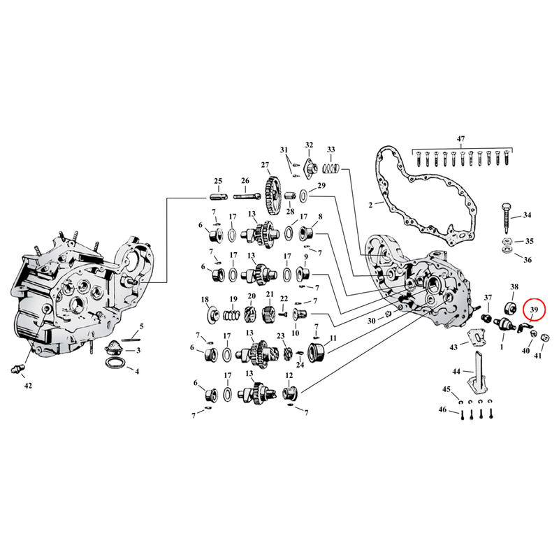 Cam Drive / Cover Parts Diagram Exploded View for Harley 45" Flathead 39) L63-73 45" SV. Terminal, oil pressure switch. Replaces OEM: 26560-63