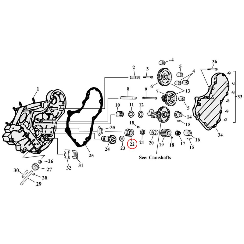 Cam Drive / Cover Parts Diagram Exploded View for Harley Knuckle / Pan / Shovel 22) 54-72 Big Twin. Drive gear, oil pump. 5T. Replaces OEM: 26349-54