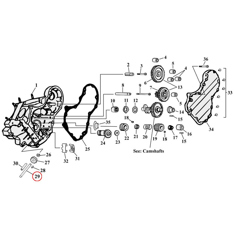 Cam Drive / Cover Parts Diagram Exploded View for Harley Knuckle / Pan / Shovel 29) 36-37 Big Twin. Drive shaft, oil pump. Replaces OEM: 26346-36