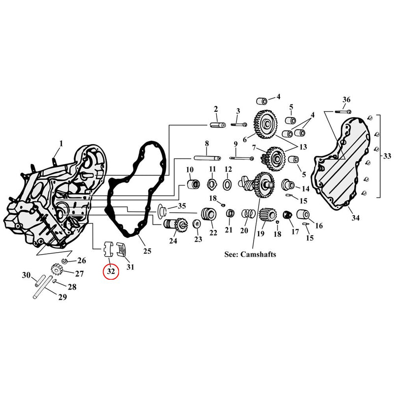 Cam Drive / Cover Parts Diagram Exploded View for Harley Knuckle / Pan / Shovel 32) 36-69 Big Twin. Separator, breather screen. Replaces OEM: 25279-36