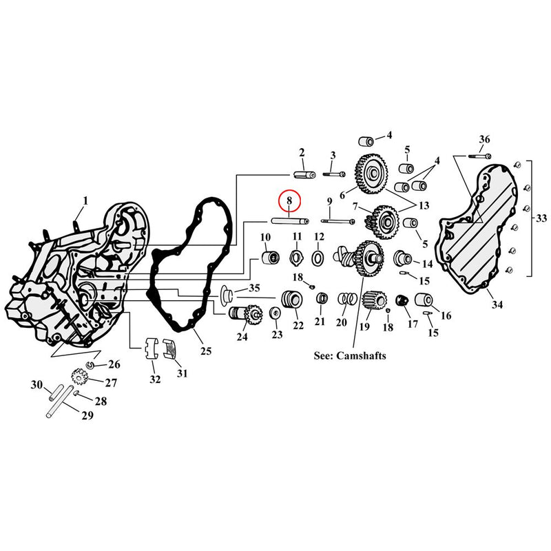 Cam Drive / Cover Parts Diagram Exploded View for Harley Knuckle / Pan / Shovel 8) 36-69 Big Twin. Jims shaft, circuit breaker gear. Replaces OEM: 25856-36