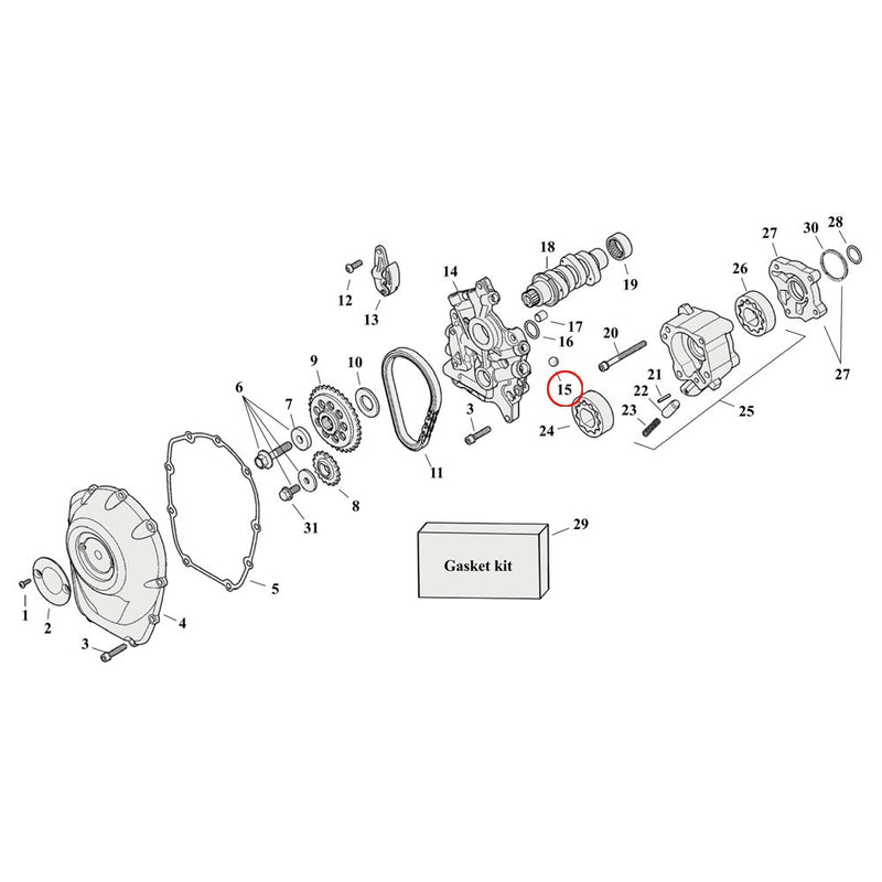 Cam Drive / Cover Parts Diagram Exploded View for Harley Milwaukee Eight 15) 17-23 M8. Ball 3/8", camshaft support plate. Replaces OEM: 8873