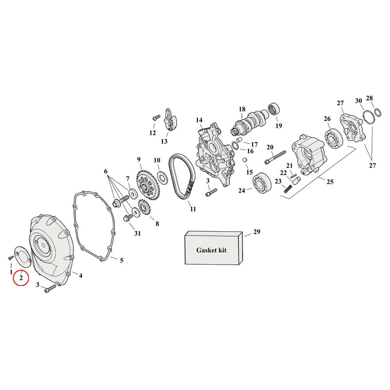 Cam Drive / Cover Parts Diagram Exploded View for Harley Milwaukee Eight 2) 17-23 M8. Chrome Point cover / Timing cover incl. Screws.