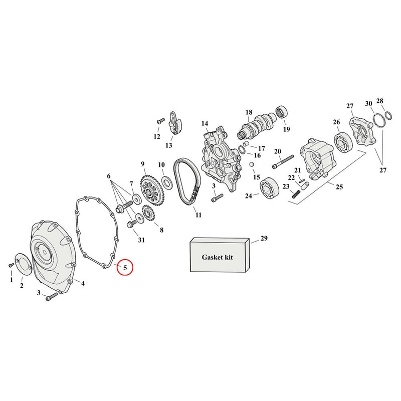 Cam Drive / Cover Parts Diagram Exploded View for Harley Milwaukee Eight 5) 17-23 M8. S&S gasket, cam cover. Replaces OEM: 25700370