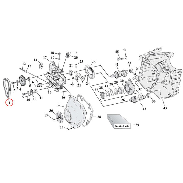 Cam Drive / Cover Parts Diagram Exploded View for Harley Twin Cam 1) 99 - 06 TCA/B (excl. 2006 Dyna). Cam chain, outer. Replaces OEM: 25610 - 99 - Customhoj