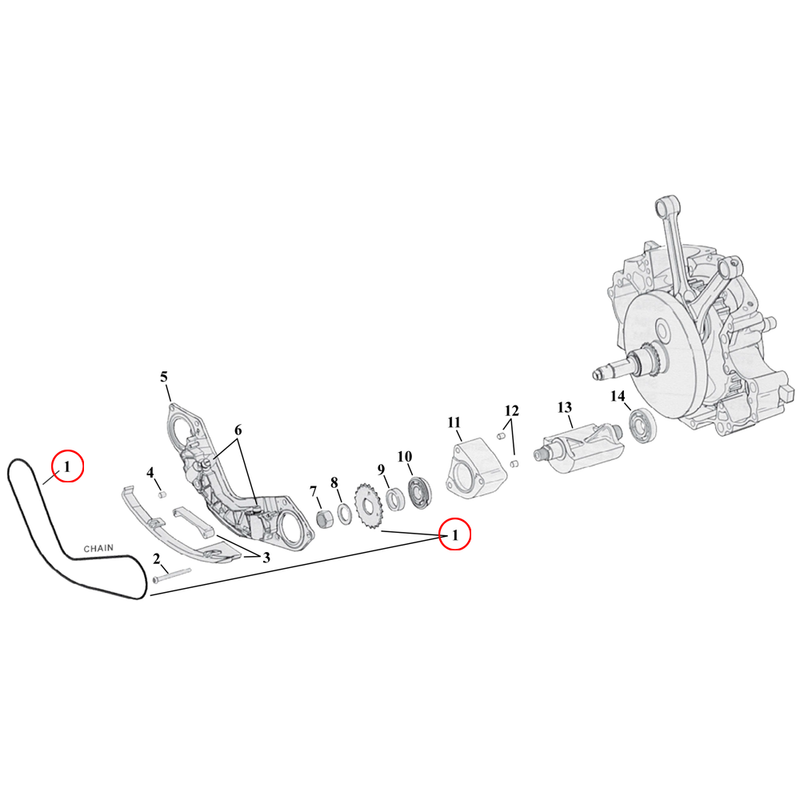 Crankcase Balancer Parts Diagram Exploded View for Harley Twin Cam Softail 1) 00-17 TCB. Chain & sprocket kit, engine balancers. Replaces OEM: 14762-00