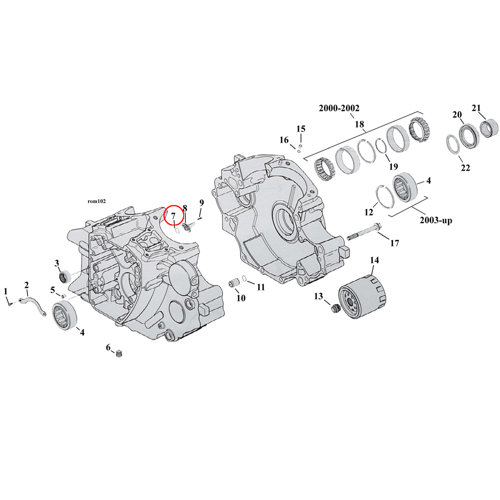 Crankcase Parts Diagram Exploded View for Harley Twin Cam Softail