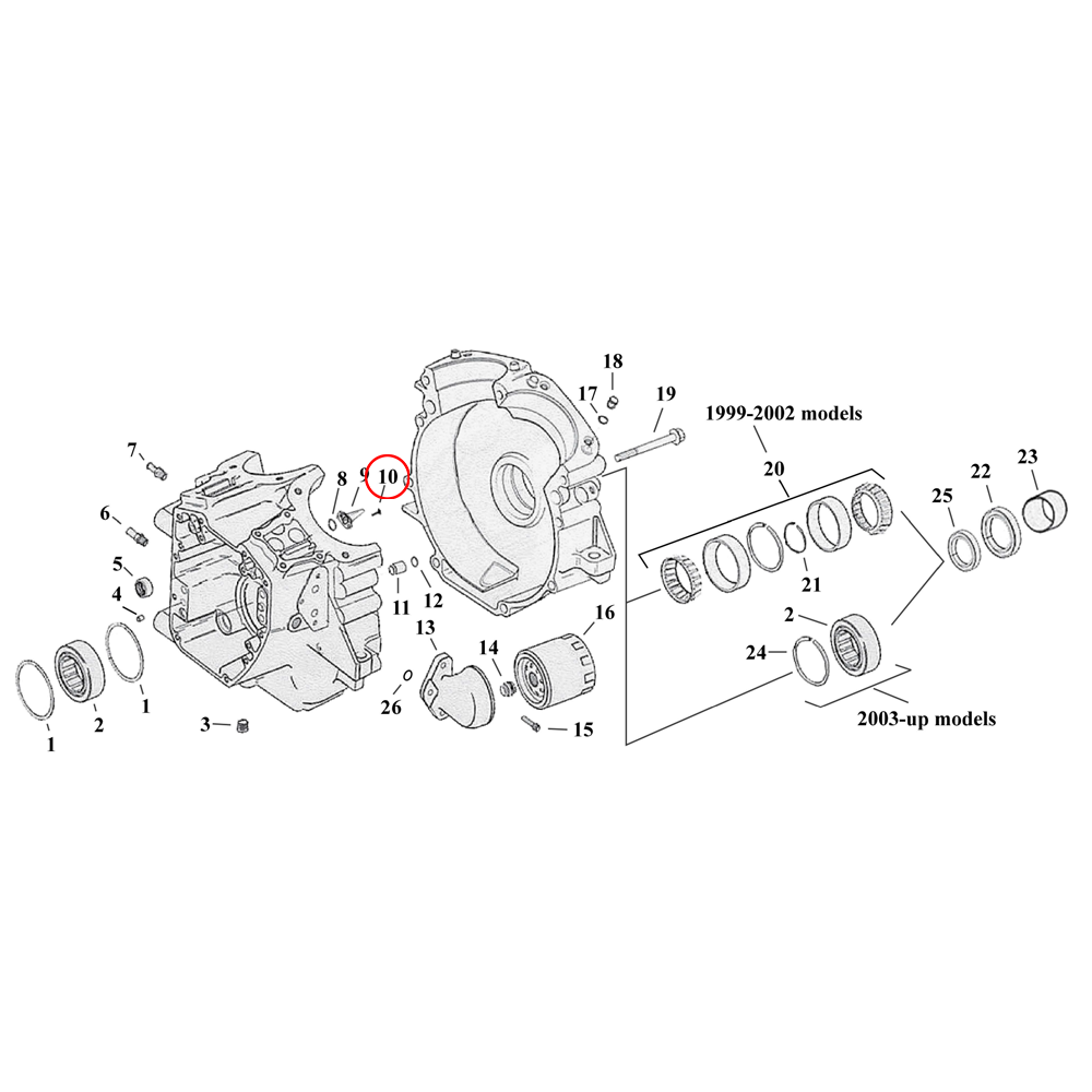 Crankcase Parts Diagram Exploded View for Harley Twin Cam Touring / Dy