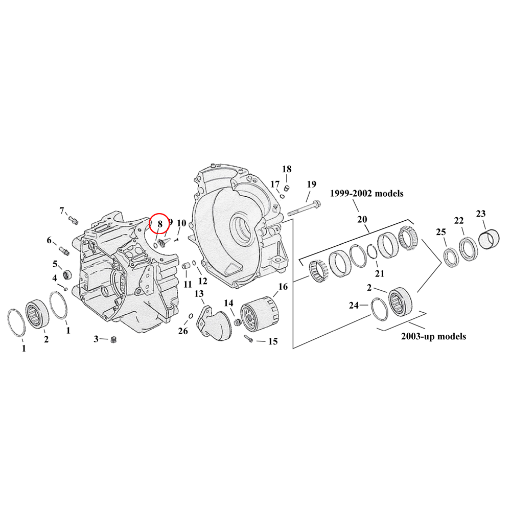 Crankcase Parts Diagram Exploded View for Harley Twin Cam Touring / Dy