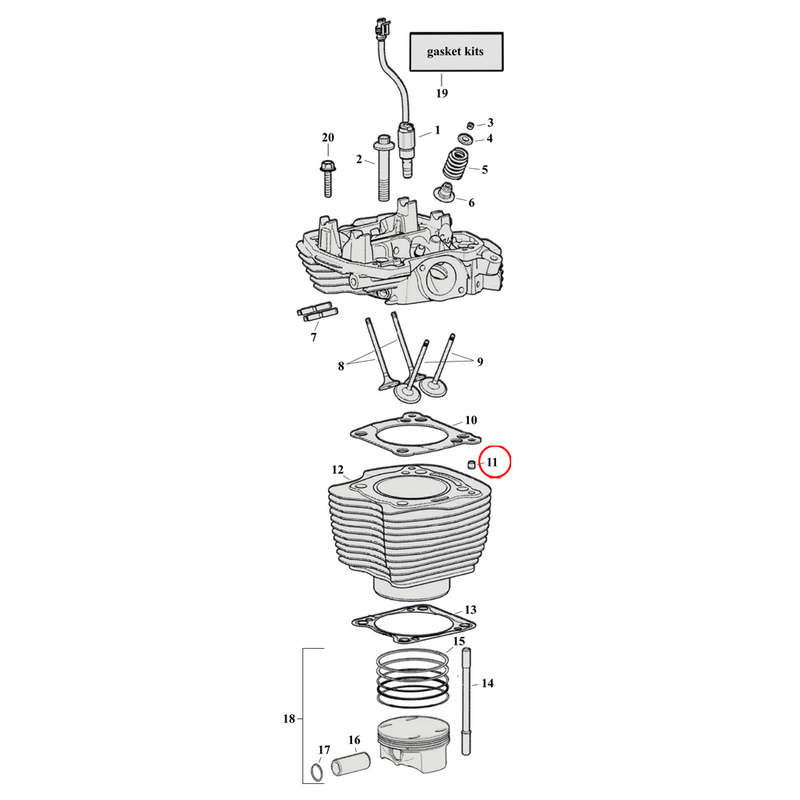 Cylinder Parts Diagram Exploded View for Harley Milwaukee Eight 11) 17-23 M8. Dowel pin, cylinder to head. 3745" OD x .397" long. Replaces OEM: 16589-99A