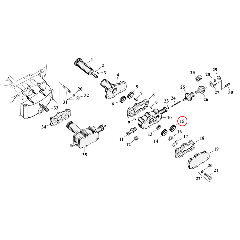 Oil Pump Parts Diagram Exploded View for 54-76 Harley Sportster 15) L62-71 XL. Idler gear, return. Replaces OEM: 26317-62