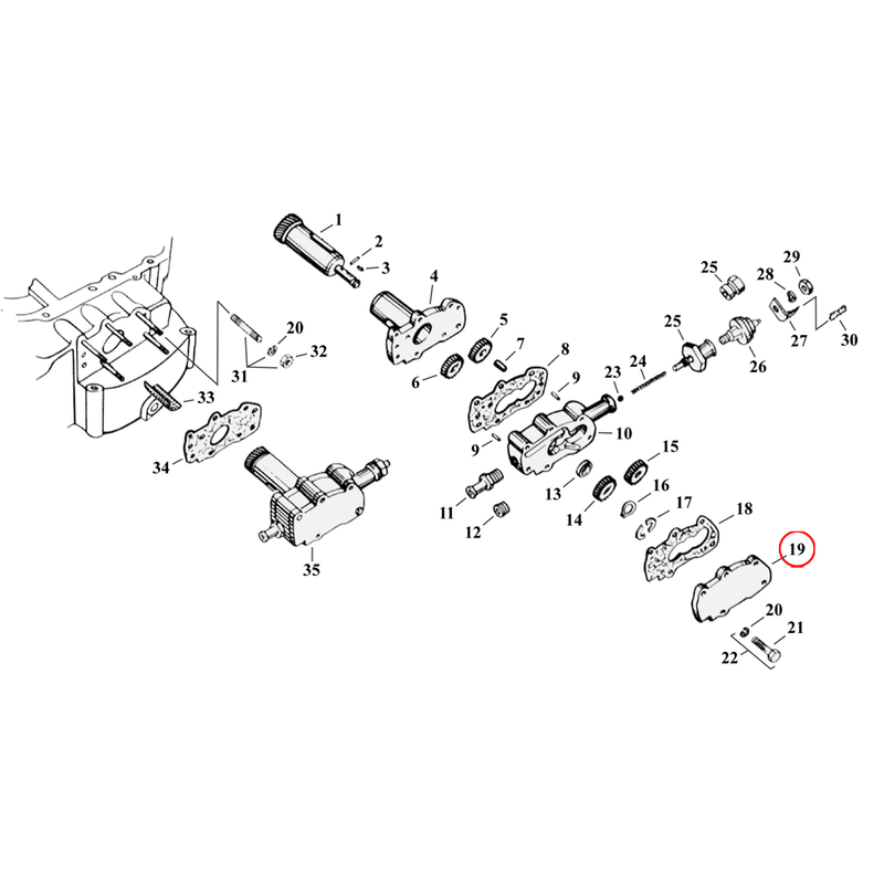 Oil Pump Parts Diagram Exploded View for 54-76 Harley Sportster 19) 56-76 KH, XL. Outer cover, oil pump body. Replaces OEM: 26250-56