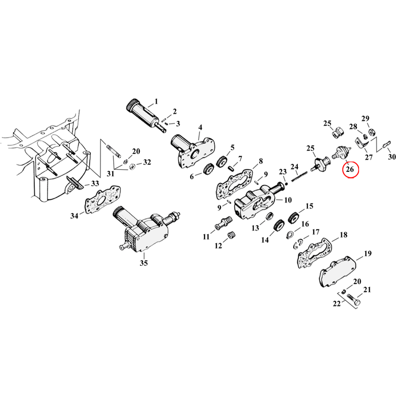 Oil Pump Parts Diagram Exploded View for 54-76 Harley Sportster 26) 52-76 K, KH, XL. Accel oil pressure switch. Replaces OEM: 26552-72