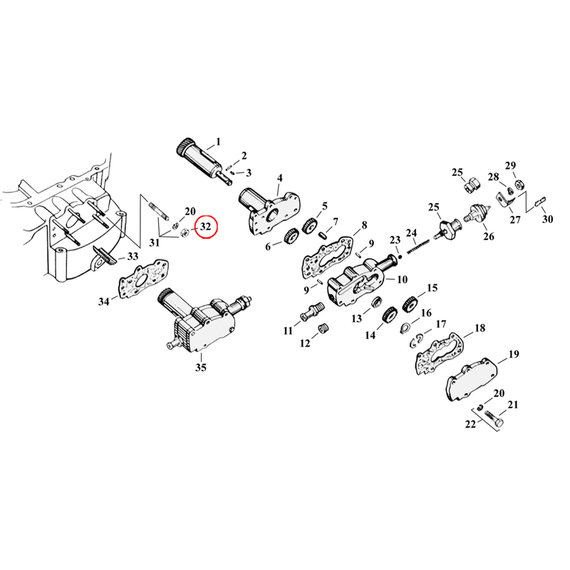 Oil Pump Parts Diagram Exploded View for 54-76 Harley Sportster 32) 54-E71 KH, XL. Nut (set of 25). Replaces OEM: 7676