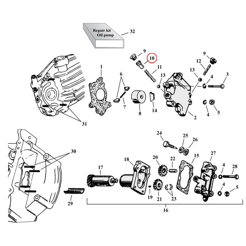 Oil Pump Parts Diagram Exploded View for Harley 45" Flathead 10) 41-73 45" SV. Adjustment screw, by-pass valve. Replaces OEM: 26369-41