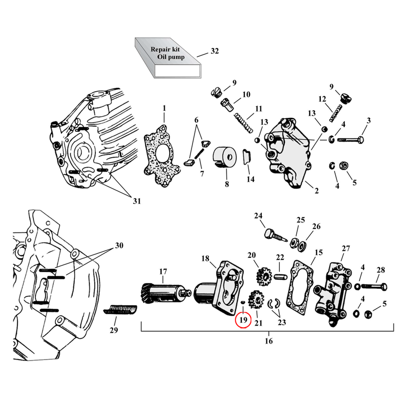 Oil Pump Parts Diagram Exploded View for Harley 45" Flathead 19) 37-73 45" SV. Woodruff key, scavenge. Replaces OEM: 26340-36