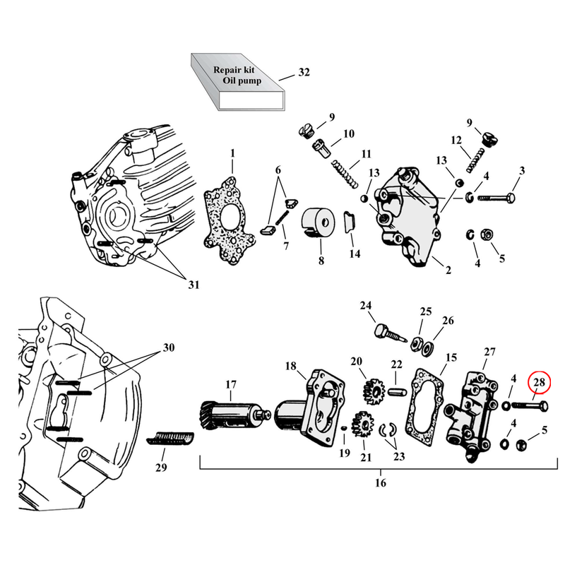 Oil Pump Parts Diagram Exploded View for Harley 45" Flathead 28) 37-73 45" SV. Bolt, cover scavenger pump (2 used). Special threaded 1/4"-24 x 3/4". Chrome. Replaces OEM: 3779