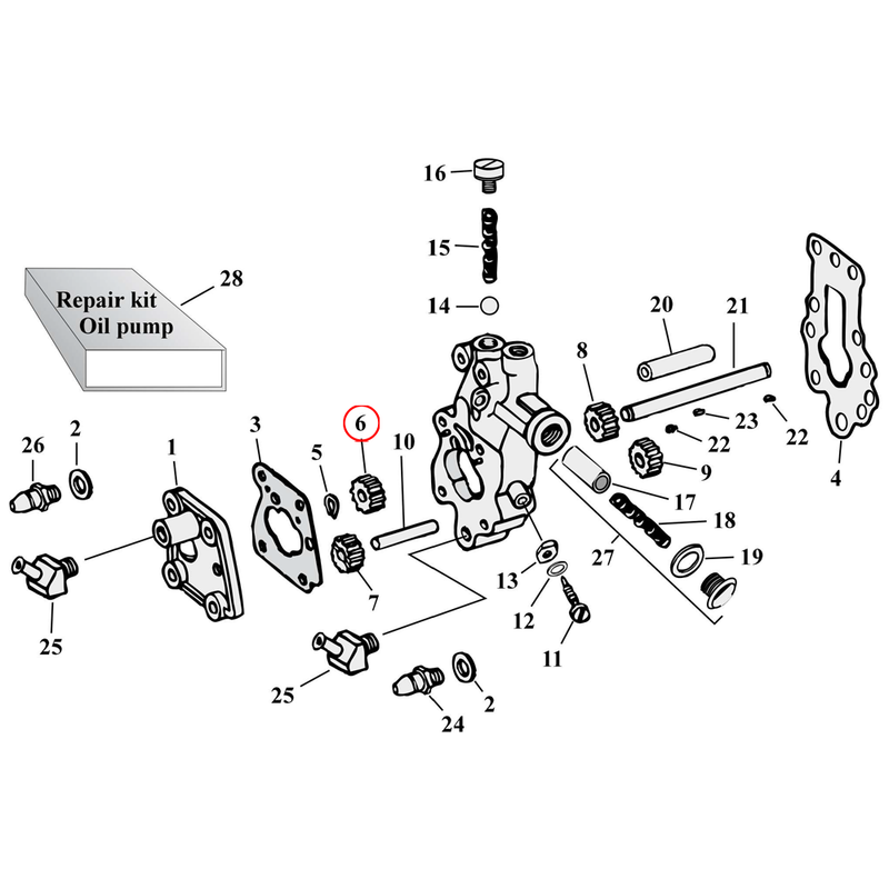 Oil Pump Parts Diagram Exploded View for Harley Knuckle / Pan / Shovel 6) 41-67 Big Twin. Return gear, driven. Replaces OEM: 26320-36