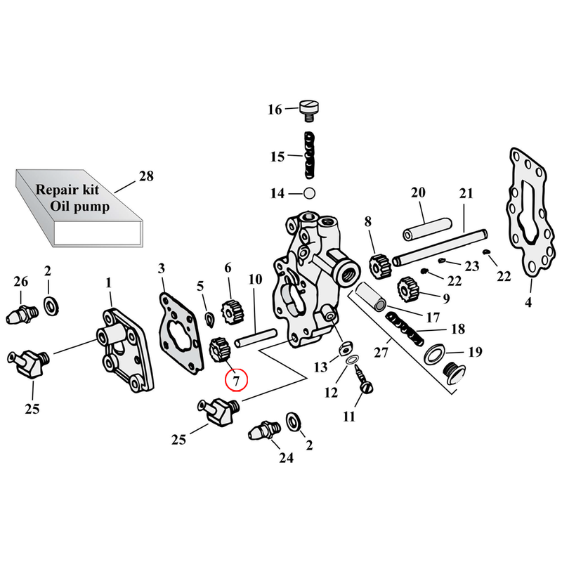 Oil Pump Parts Diagram Exploded View for Harley Knuckle / Pan / Shovel 7) L62-67 Big Twin. S&S return gear, idle. Replaces OEM: 26326-62A