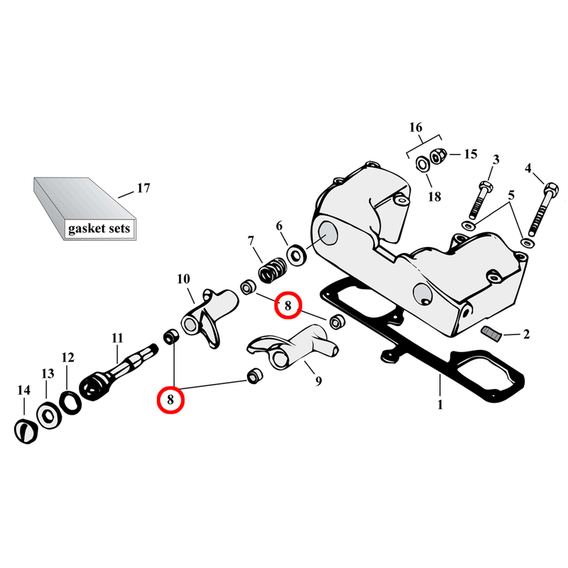 Rocker Box Parts Diagram Exploded View for 57-85 Harley Sportster 8) 57-85 XL. Jims bushing, rocker arm (set of 8). Replaces OEM: 17428-57