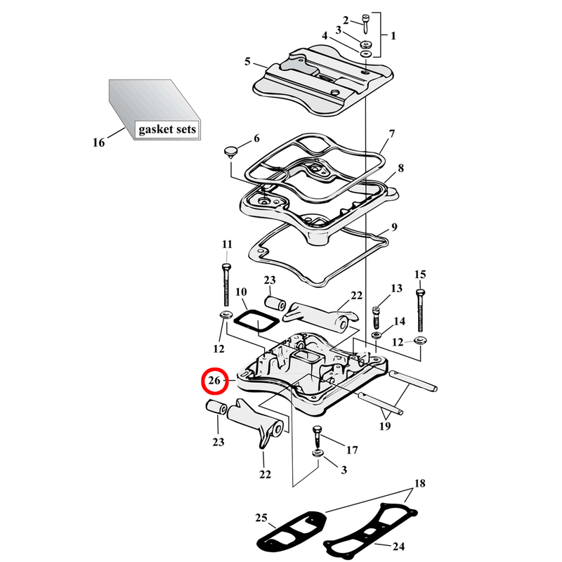 Rocker Box Parts Diagram Exploded View for 86-03 Harley Sportster 26) 86-03 XL. Rocker box cover, lower. Chromed. Replaces OEM: 17537-96A