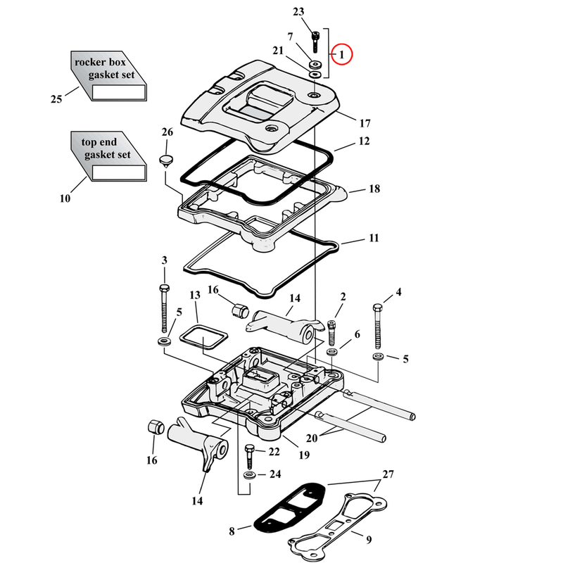 Rocker Box Parts Diagram Exploded View for Harley Evolution Big Twin 1) 84-99 Big Twin. Rocker box bolt kit, allen head.