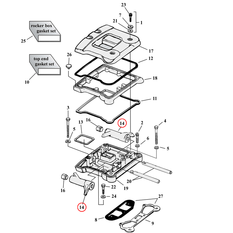 Rocker Box Parts Diagram Exploded View for Harley Evolution Big Twin 14) 84-99 Big Twin. Front intake / rear exhaust rocker arm. Replaces OEM: 17360-83