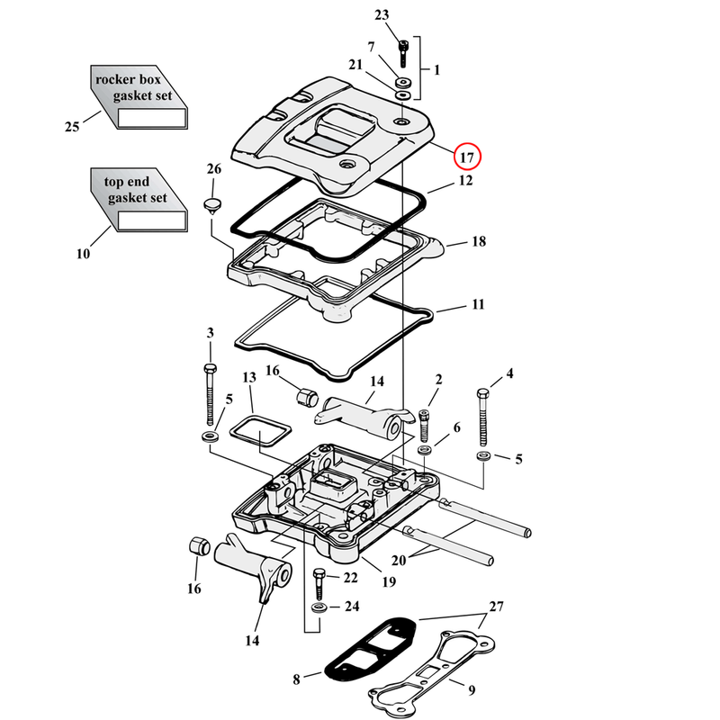 Rocker Box Parts Diagram Exploded View for Harley Evolution Big Twin 17) 92-99 Big Twin. Rocker cover, upper. Chrome. Replaces OEM: 17528-92