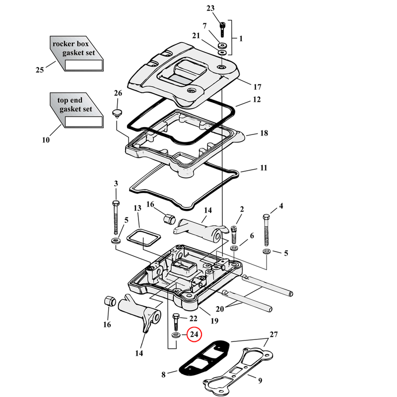 Rocker Box Parts Diagram Exploded View for Harley Evolution Big Twin 24) 84-90 Big Twin. Washer, 1/4. Replaces OEM: 6736