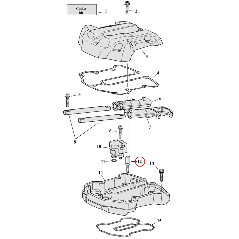 Rocker Box Parts Diagram Exploded View for Harley Milwaukee Eight 12) 17-23 M8. Spacer, rocker cover.