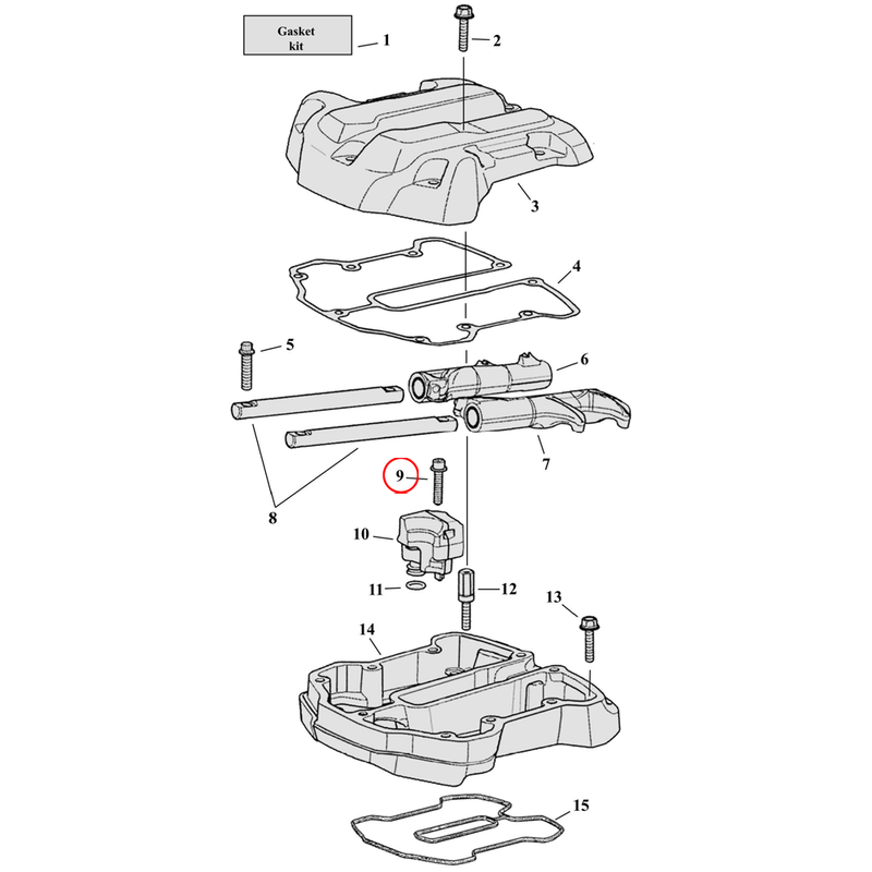 Rocker Box Parts Diagram Exploded View for Harley Milwaukee Eight 9) 17-23 M8. Screw, breather assembly.