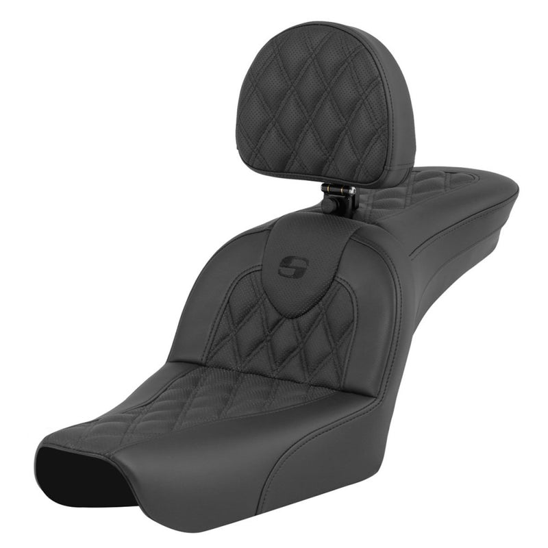 Saddlemen Roadsofa Lattice Stitch Seat for Harley 04-05 Dyna (excl. Wide Glide) / Black / Without heating / With backrest  - Customhoj