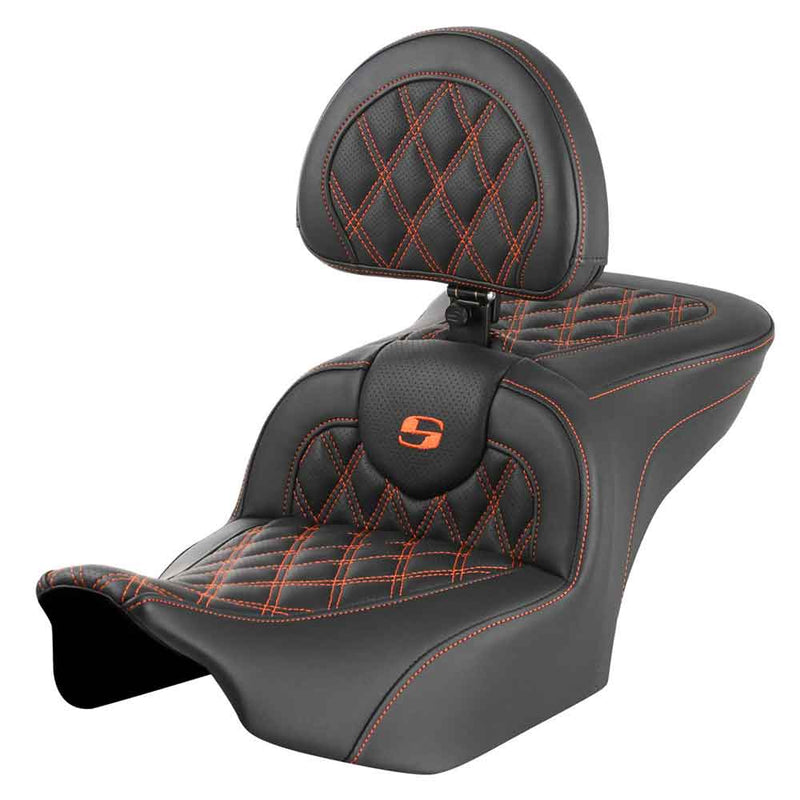 Saddlemen Roadsofa Lattice Stitch Seat for Harley 24-25 Touring Road Glide / Street Glide / Black / Orange / Without heating / With backrest  - Customhoj